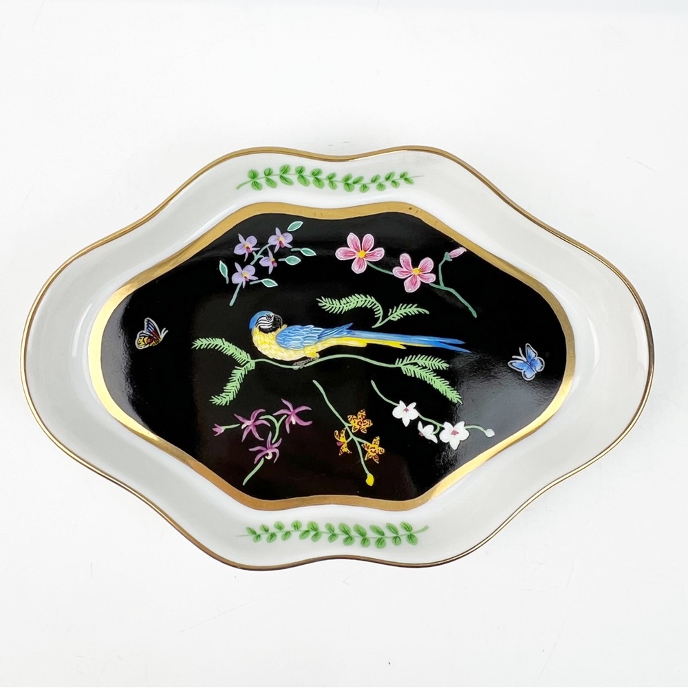 Lynn Chase 80's Safari Jaguar Jungle Exotic Bird Leaf Trinket Dish Black Gold